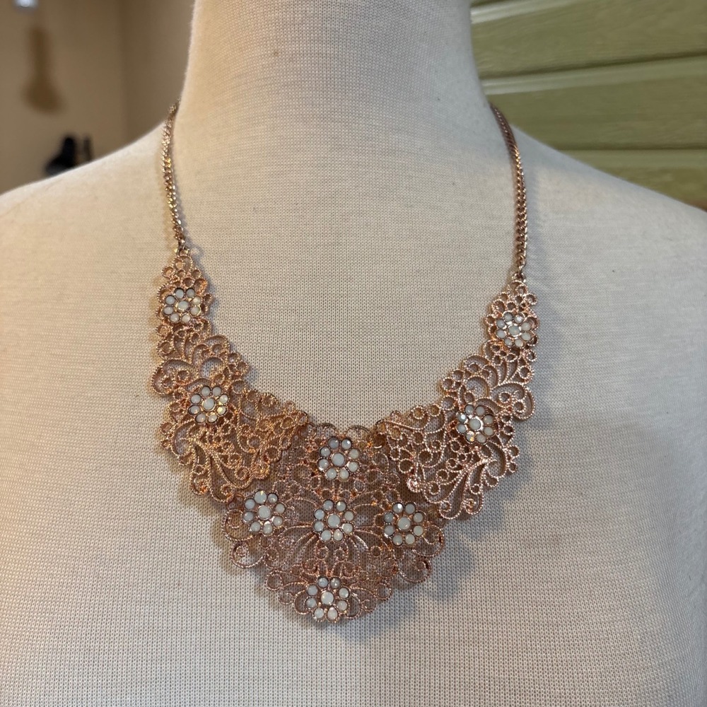 Rose Gold Tone Filigree Floral Lace Bib Statement Necklace White Accents